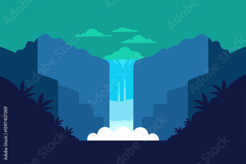 flat style waterfall with bright foliage 