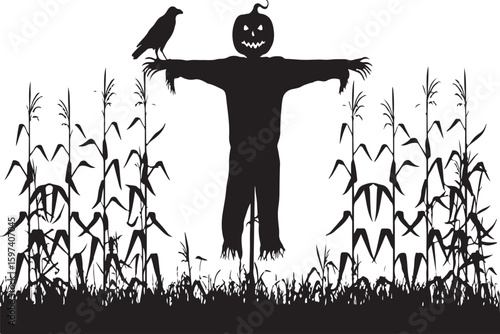 Silhouette of a spooky scarecrow with a crow in a corn field for halloween