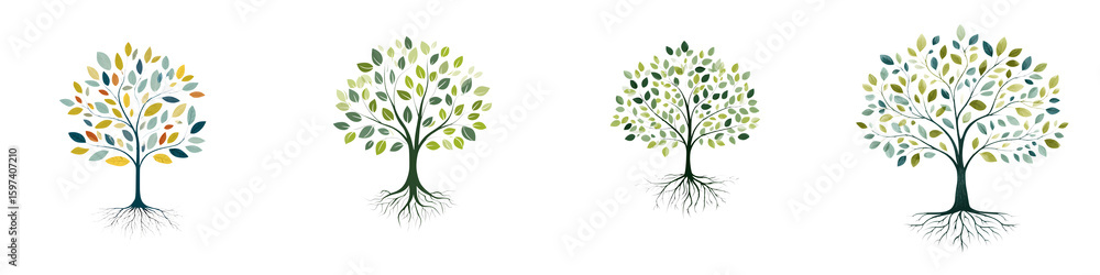 Fototapeta premium Abstract Tree Collection: Colorful Trees with Roots on White Background