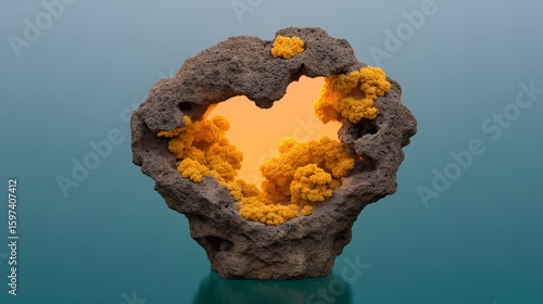 Fototapeta Naklejka Na Ścianę i Meble -  Rough textured grey rock formation with clusters of yellow fractal like structures and glowing yellow light within