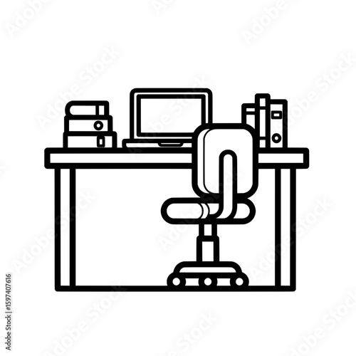 office desk with computer and books in minimal outline style