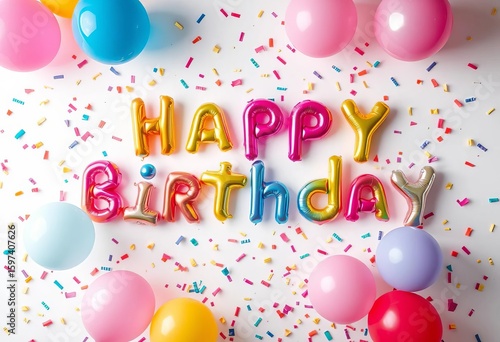 Colorful balloons and confetti arranged as a happy birthday banner on a white background,  cheerful,  confetti