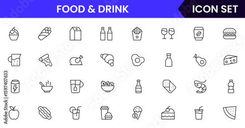 Food and drink vector line icons including utensils, plates, beverages, fruits, fast food, cooking tools, and restaurant elements.