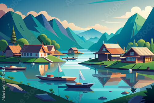 floating village on a calm lake surrounded 