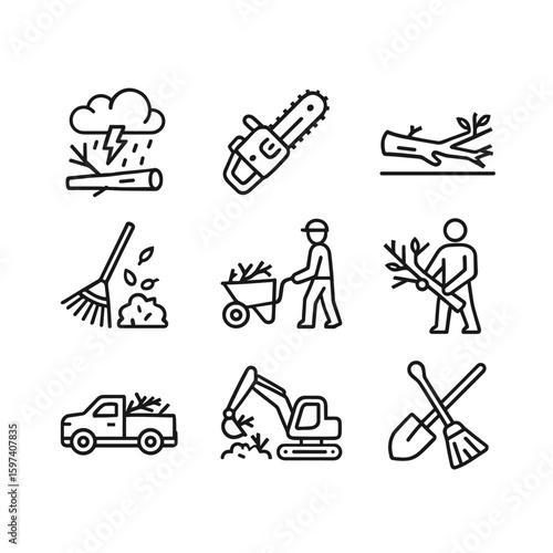 Debris removal and cleanup icons. Outline symbols. Line design