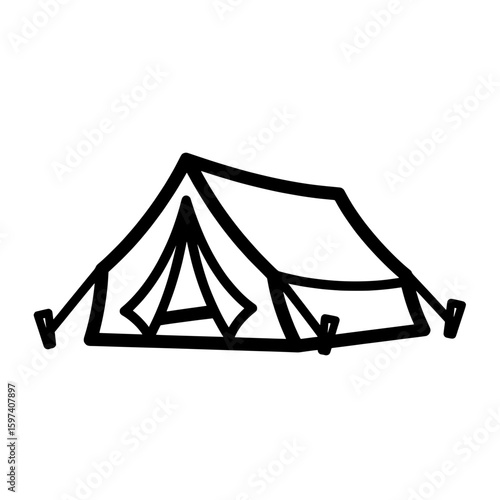 Outline of a camping tent with stakes on a black background