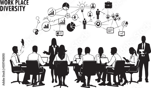 Workplace diversity concept sketch with team meeting