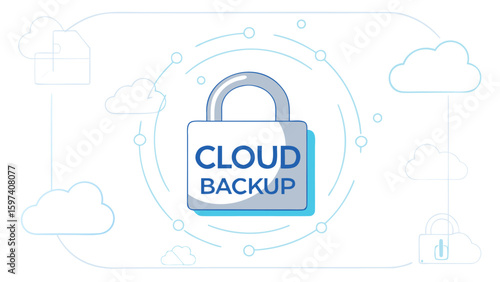Illustration of cloud backup with padlock and cloud icons in a network environment design concept