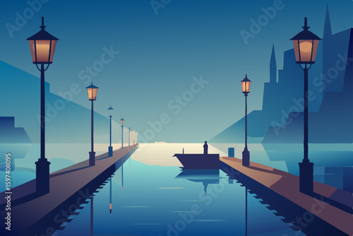 foggy dockside with lantern lit boats swaying 