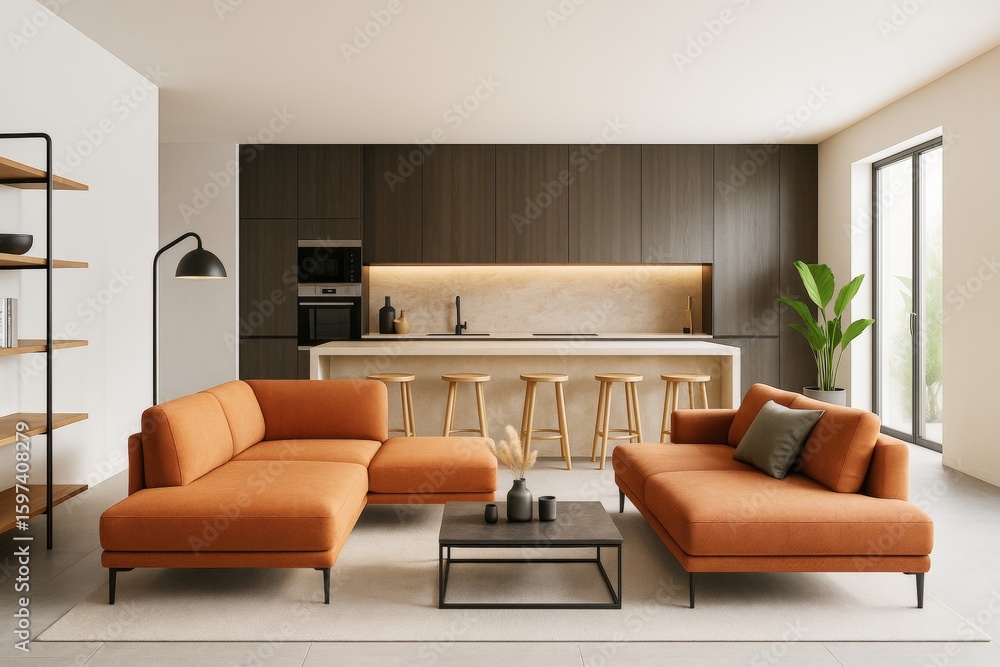 Fototapeta premium Modern open living room and kitchen with minimalist orange sofas, wood cabinetry, and natural light in a contemporary interior setting.