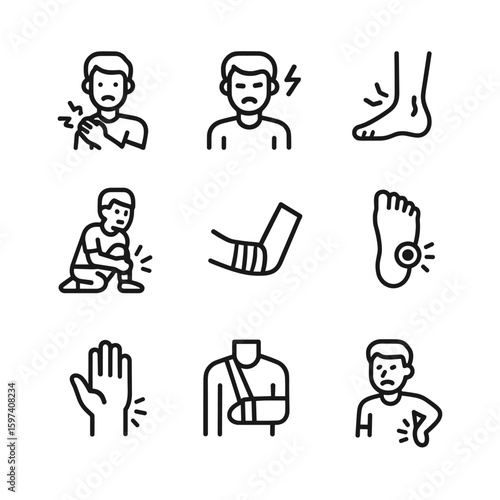 Healthcare sports injury vector icons. Outline symbols. Line design