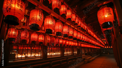 The iconic red lanterns of a Japanese shrine.	A close-up of rows of traditional red paper lanterns hanging at a Japanese shrine, creating a beautiful and cultural pattern.
