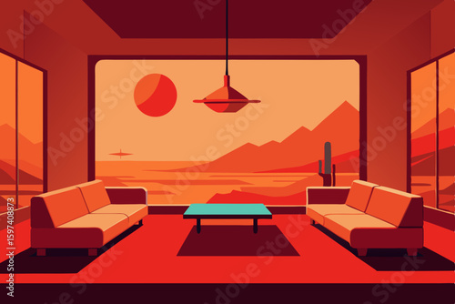 futuristic mars colony living room with red dust 