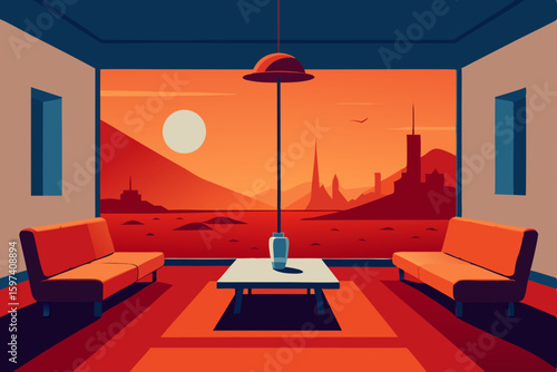 futuristic mars colony living room with red dust 