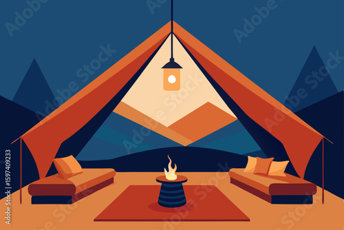 glamping style tent living room with layered rugs