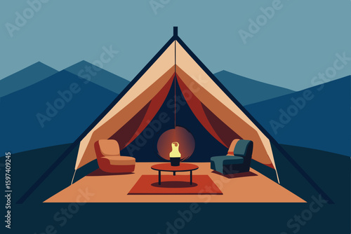 glamping style tent living room with layered rugs .svg
