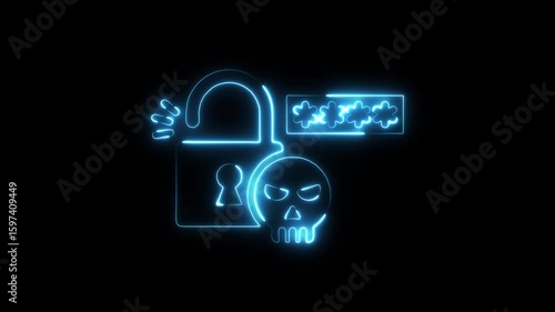Cyber security threat unlocked password skull icon neon glow digital data breach concept video
