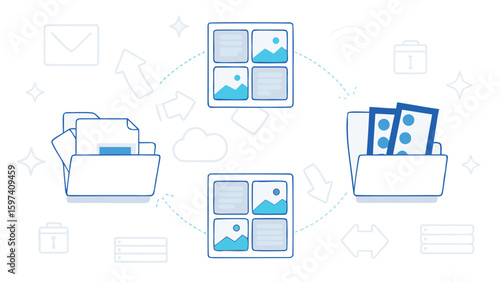 Illustration of data transfer between folders and image grids with decorative elements around it