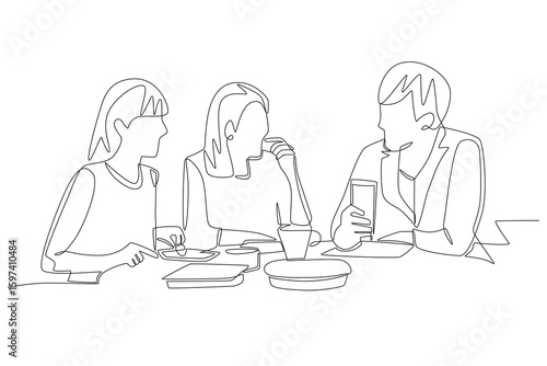 Friends who gather while eating. Group dining concept one-line drawing