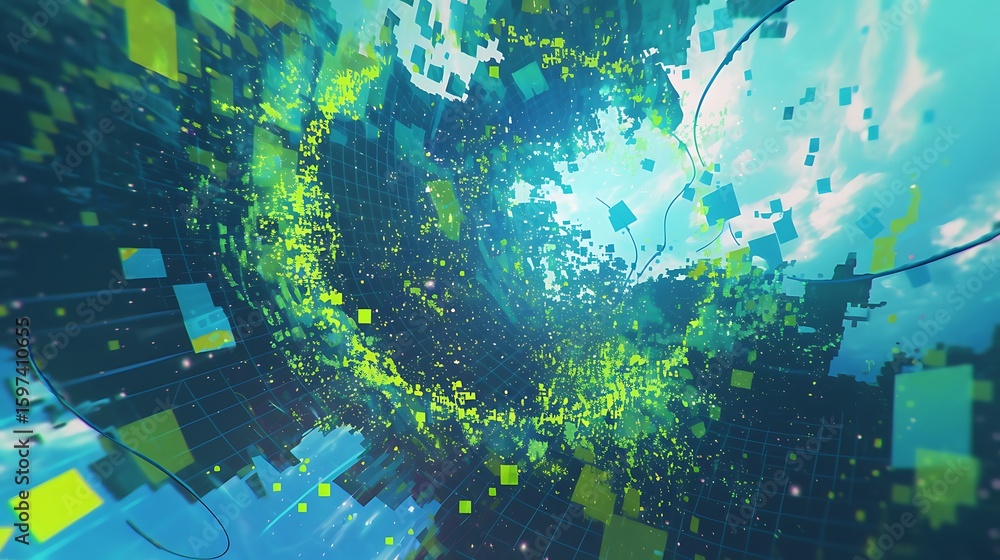 Fototapeta premium Green pixels with dots represent background data points in the color pattern.