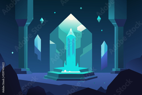 hidden grotto with glowing crystals and falling 