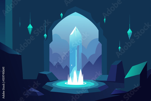 hidden grotto with glowing crystals and falling 