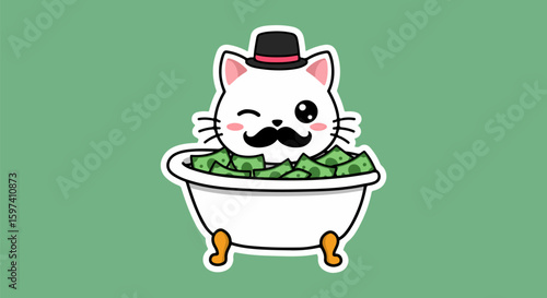 Flat vector illustration of a winking white cat with a mustache and top hat, sitting in a clawfoot bathtub full of green money, outlined in black and white as a sticker on a light green background.