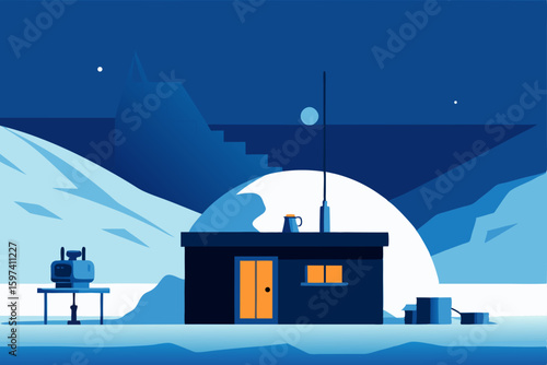 icy arctic research station living room with therm