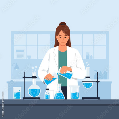 Woman in Lab Coat Pouring Blue Liquid in Laboratory Illustration