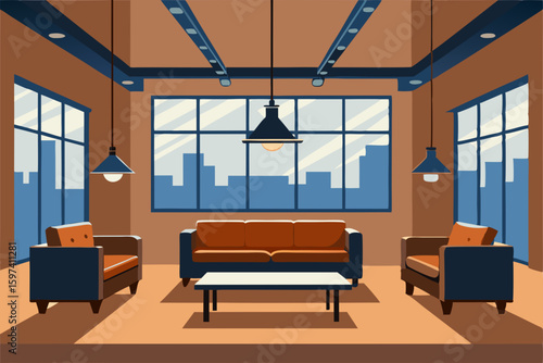 industrial loft living room with leather couches  .svg