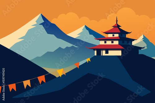 isolated mountain monastery with prayer flags 