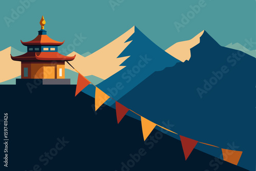 isolated mountain monastery with prayer flags 