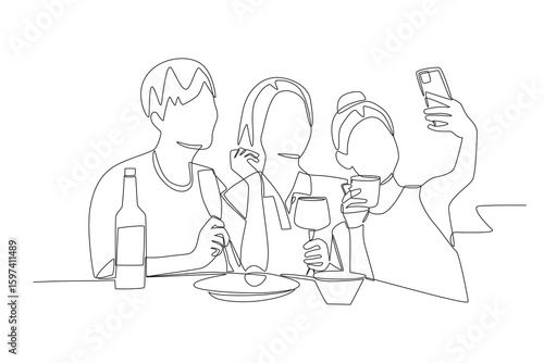 Friends who reunion capture photos at eating events. Group dining concept one-line drawing