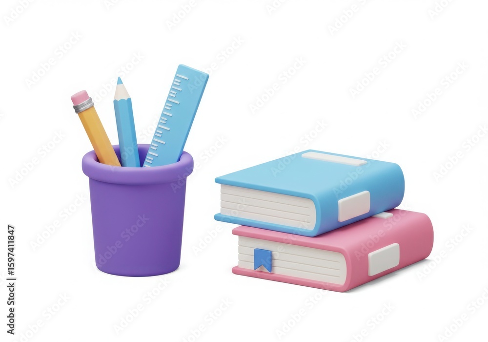 Fototapeta premium Cute 3d rendered school supplies including books pencils and ruler
