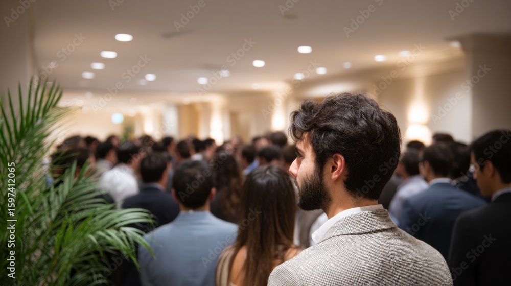 Fototapeta premium Diverse group of people in formal attire attending an indoor event with soft lighting