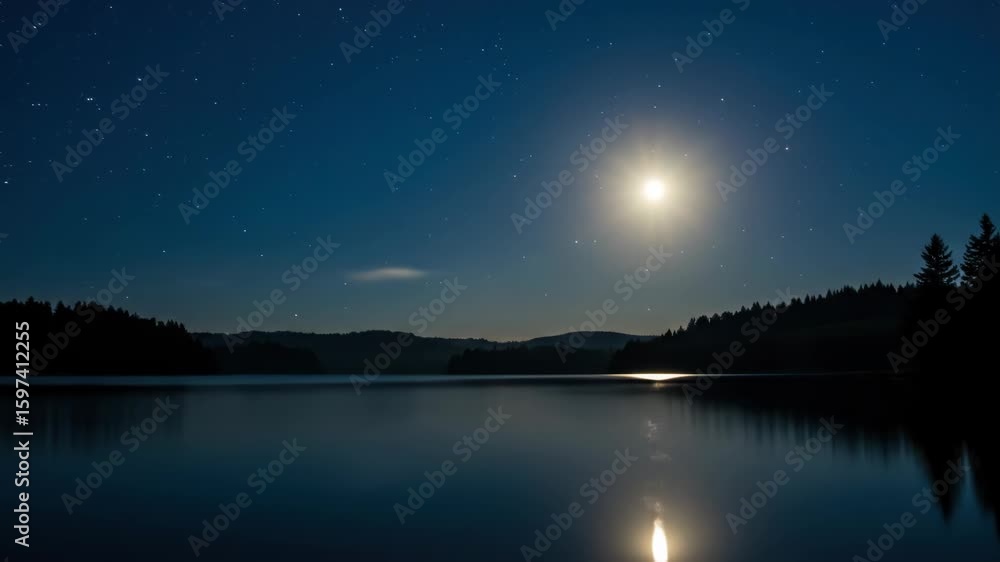 A serene lake at night, reflecting a full moon and a star-studded sky, framed by dark silhouettes of trees and hills A serene lake at night, reflecting a full moon and a star-studded sky, framed by dark silhouettes of trees and hills