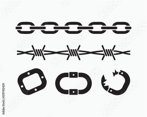 A black and white illustration of a chain barbed wire and various metal connectors on a white background