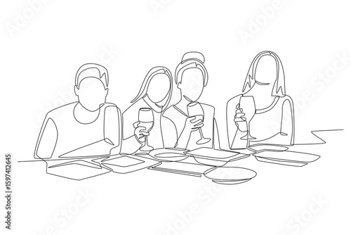 Friends who capture photos when gathering eating. Group dining concept one-line drawing