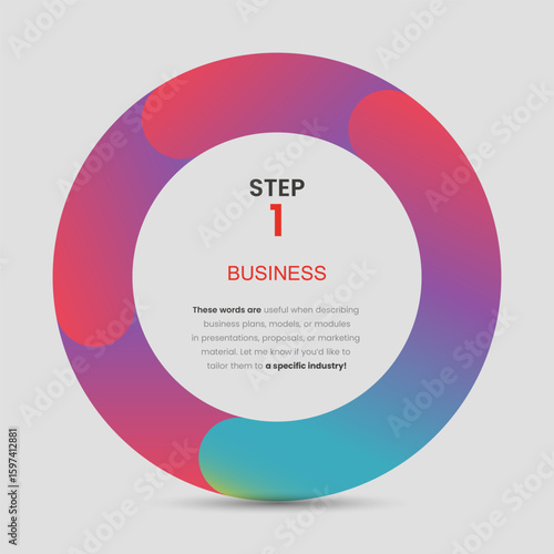 A bold circular infographic features a vibrant gradient ring surrounding a clean white center with key business terms. used for finance and business options design