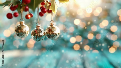 Discover the beauty of holiday spirit with this image of Christmas ornaments hanging from holly and berries, creating a joyful and festive atmosphere.
