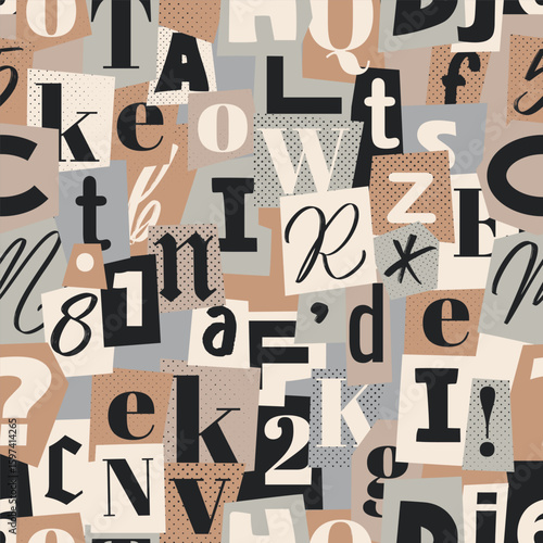 Blackmail note letters. Retro magazine collage vector alphabet seamless pattern