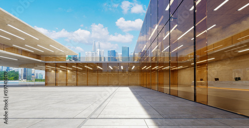 Photography 3d rendering modern glass building reflecting city skyline under blue sky