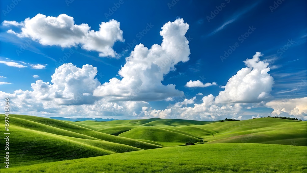 Obraz premium Rolling green hills under a bright blue sky with fluffy clouds
