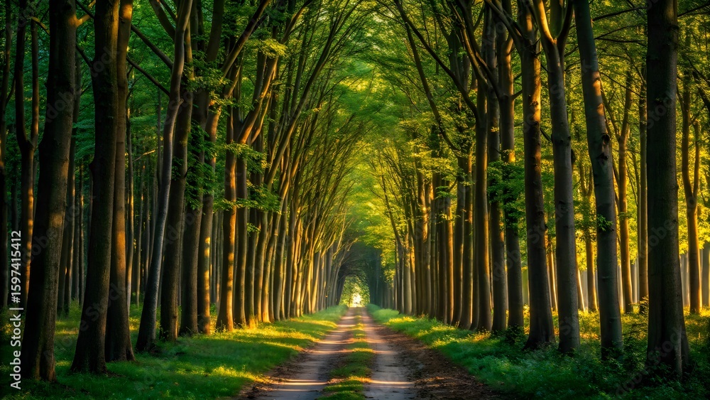 Fototapeta premium Sunlit forest path lined with tall trees in summer