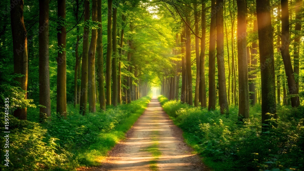 Obraz premium Sunlight streams through a forest path lined with trees