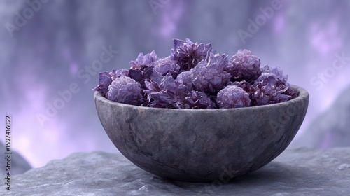 Close up of purple crystalline flowers in a stone bowl on a rocky surface with a blurred purple background