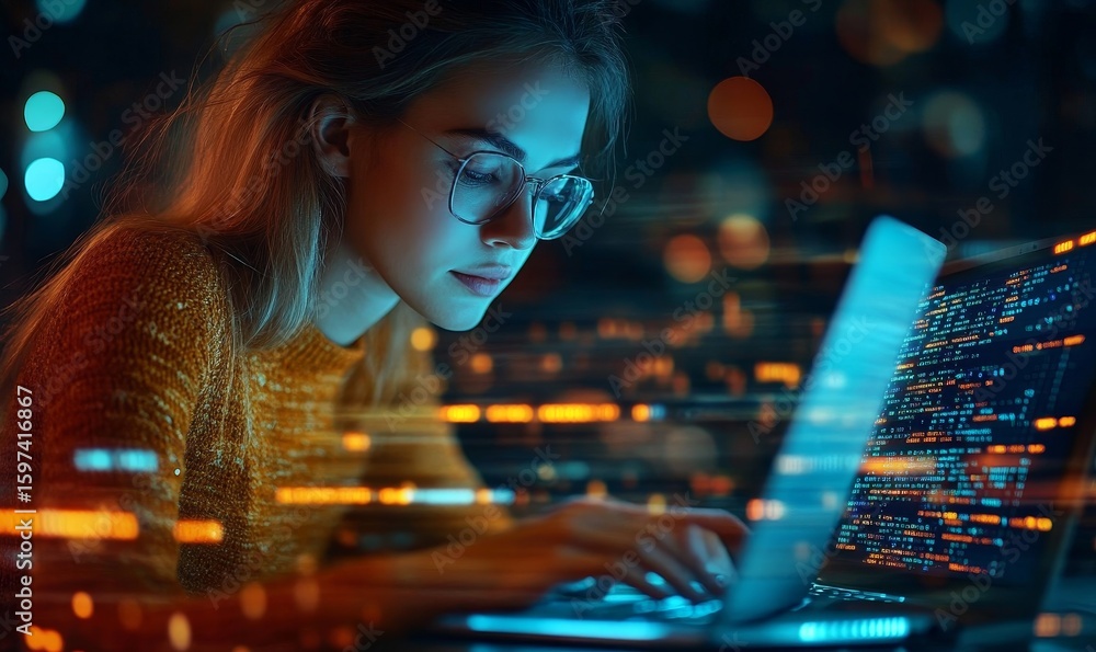 Naklejka premium Candid young female investor analyzing stock market investments and data trends on a laptop while working from home, Generative AI