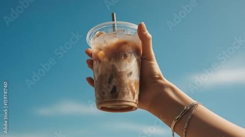A person is holding a cup of coffee with a straw in it. The sky is blue and clear
