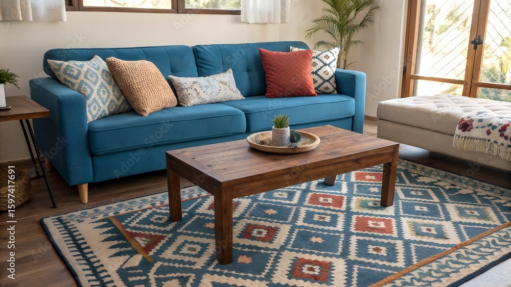 Fototapeta premium Living Room with Blue Sofa and Geometric Rug