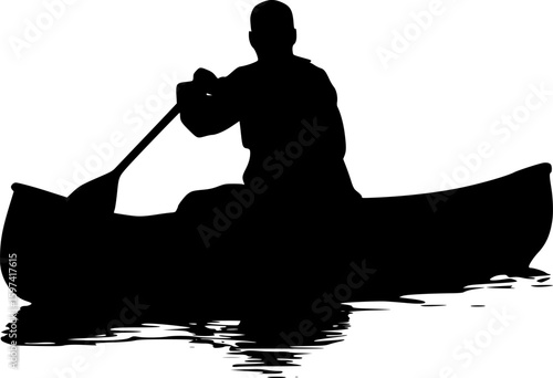 Man canoeing or riding boat silhouette vector
